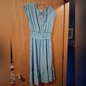 Sienna Sky Womens Dress Midi Blue Floral Short Sleeve Poly Lined Elastic Waist L